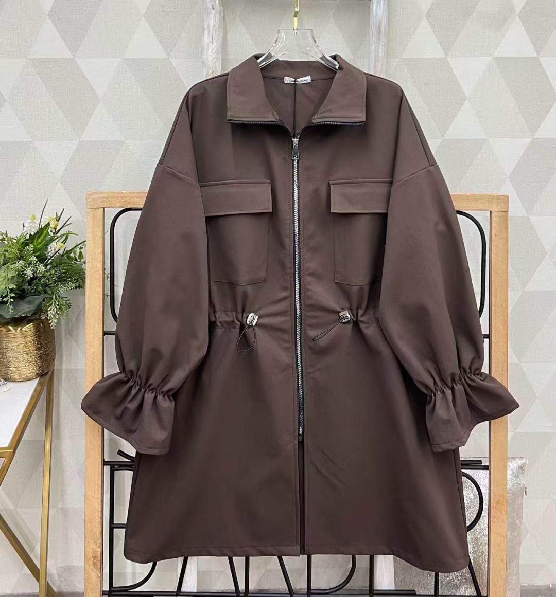 Long Zip-Up Jacket with Drawcords