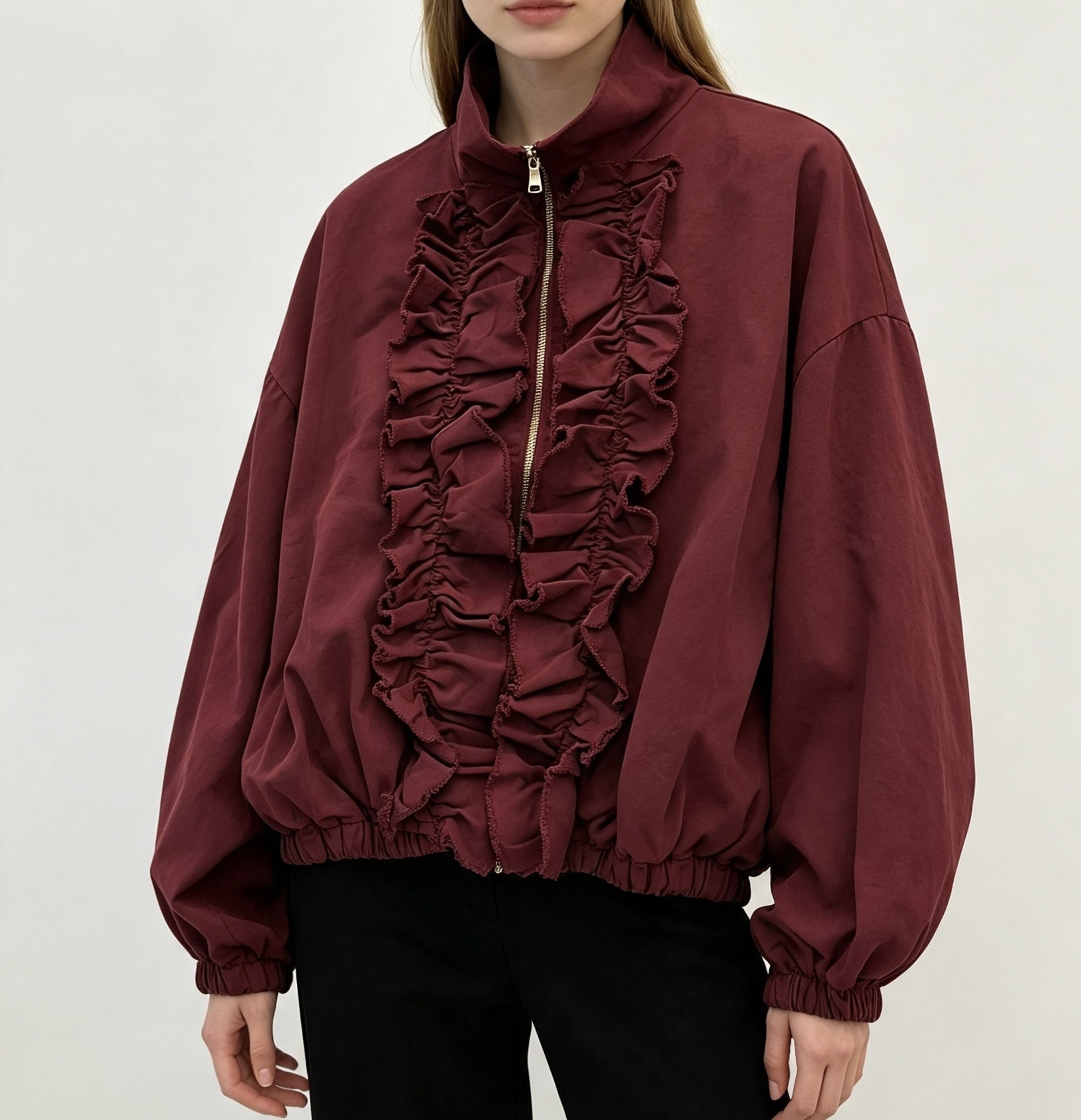 Oversized Bomber Jacket with Ruffles