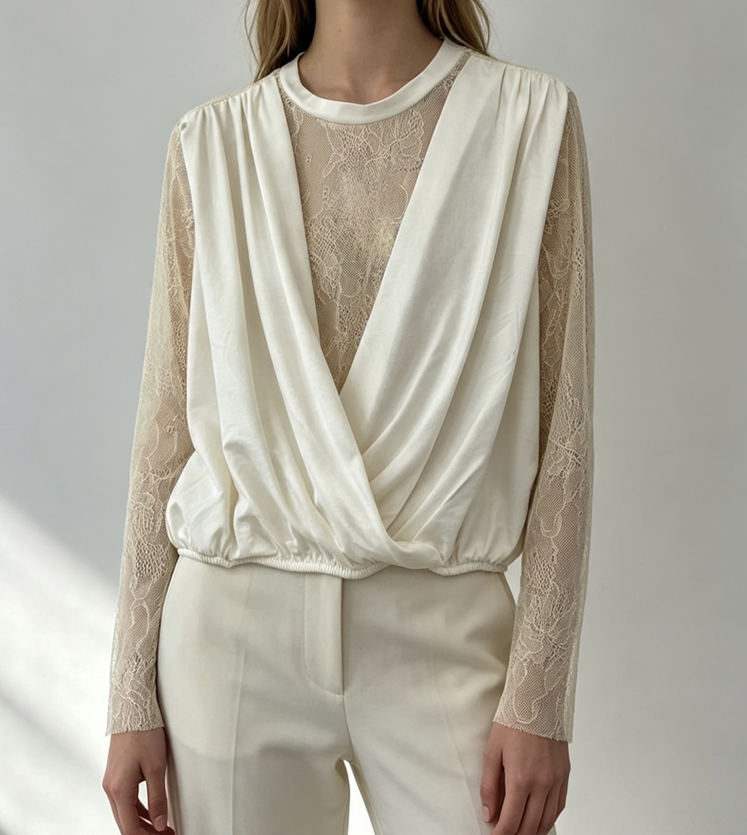 Lace-Trim Wrap Blouse