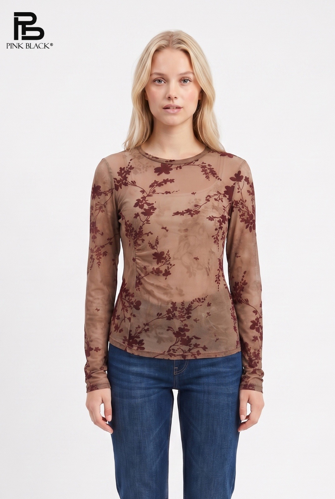 Fitted Long‑Sleeve Mesh Top