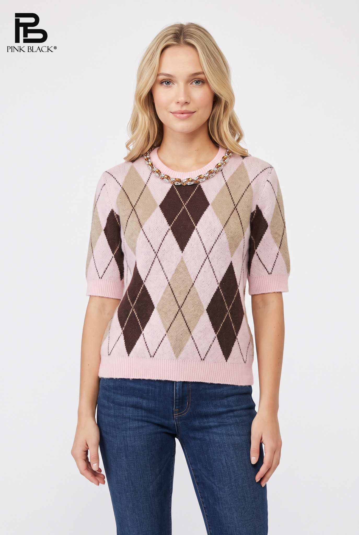 Argyle-Trim Straight Sweater