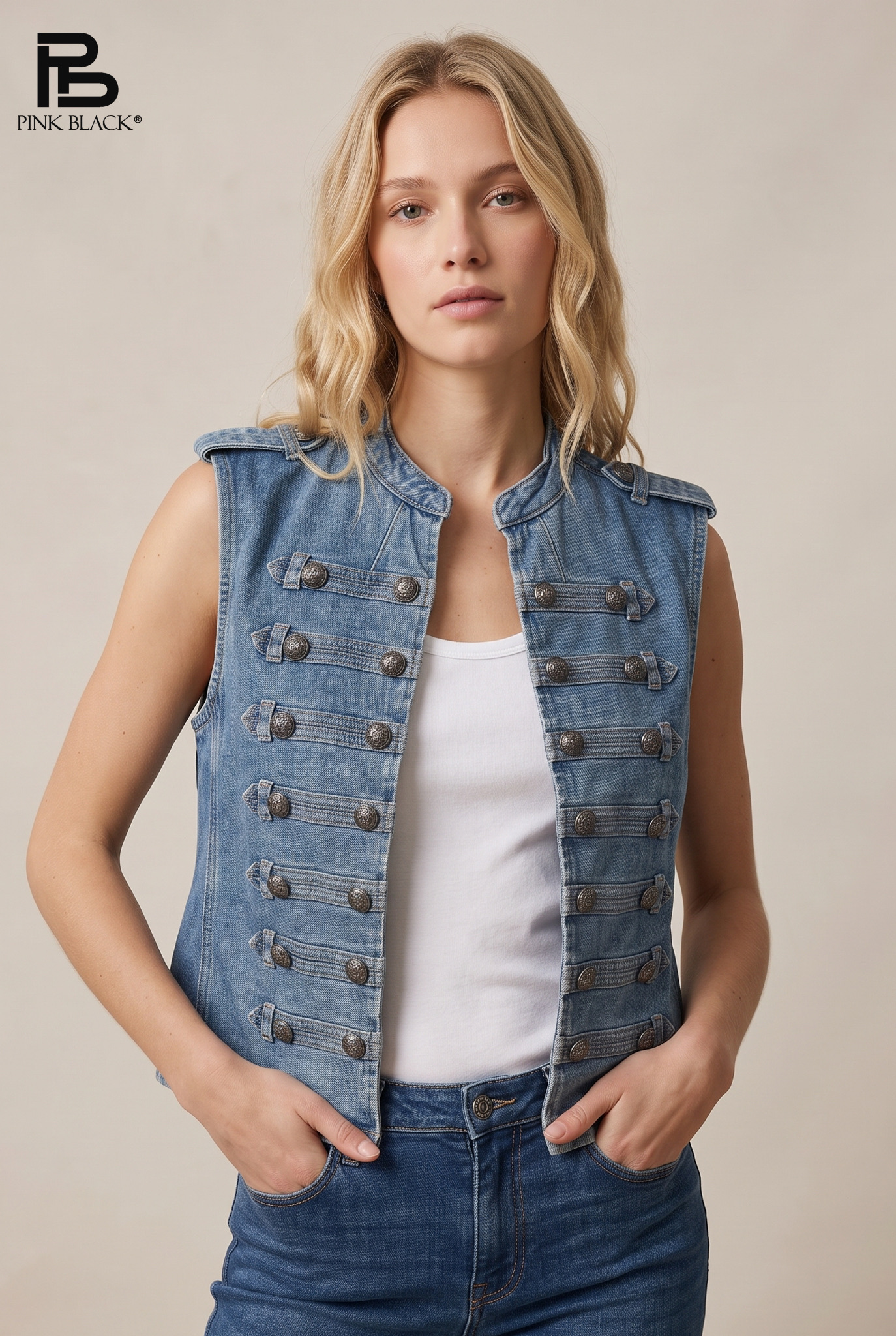 Denim Vest with Mock Neck