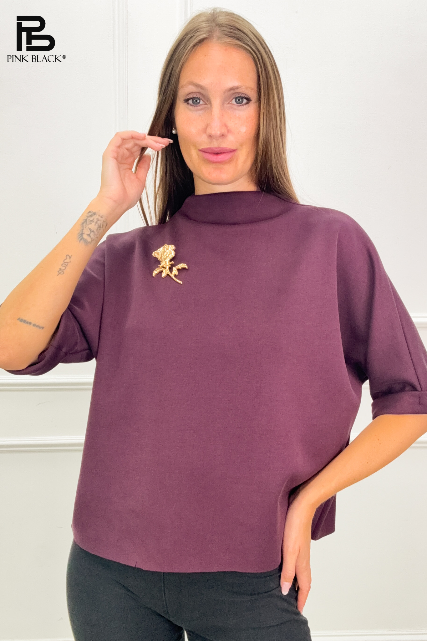 Relaxed 3/4 Mock-Neck Blouse