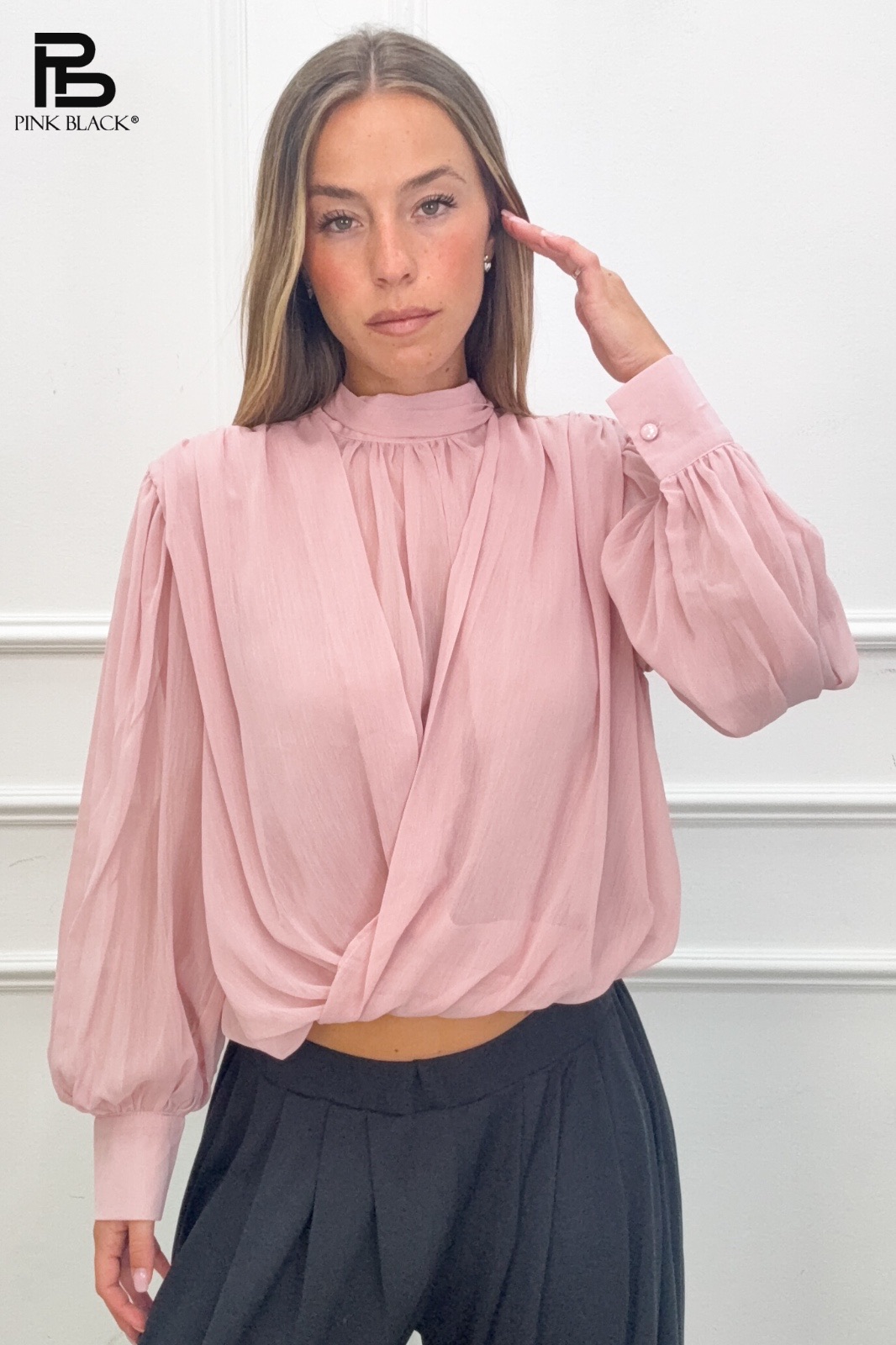 Bow-Tie Blouse with Stand Collar