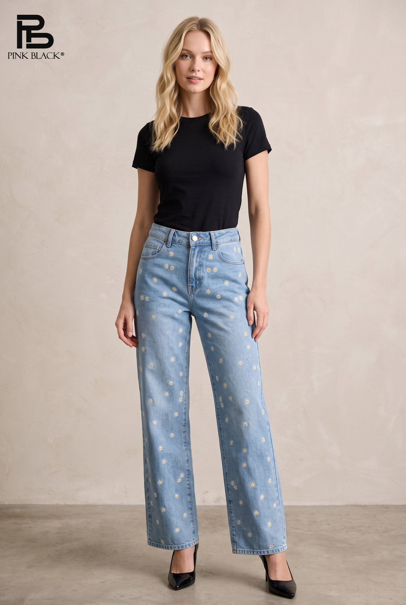 Wide‑Leg Jeans with Micro Daisy Print
