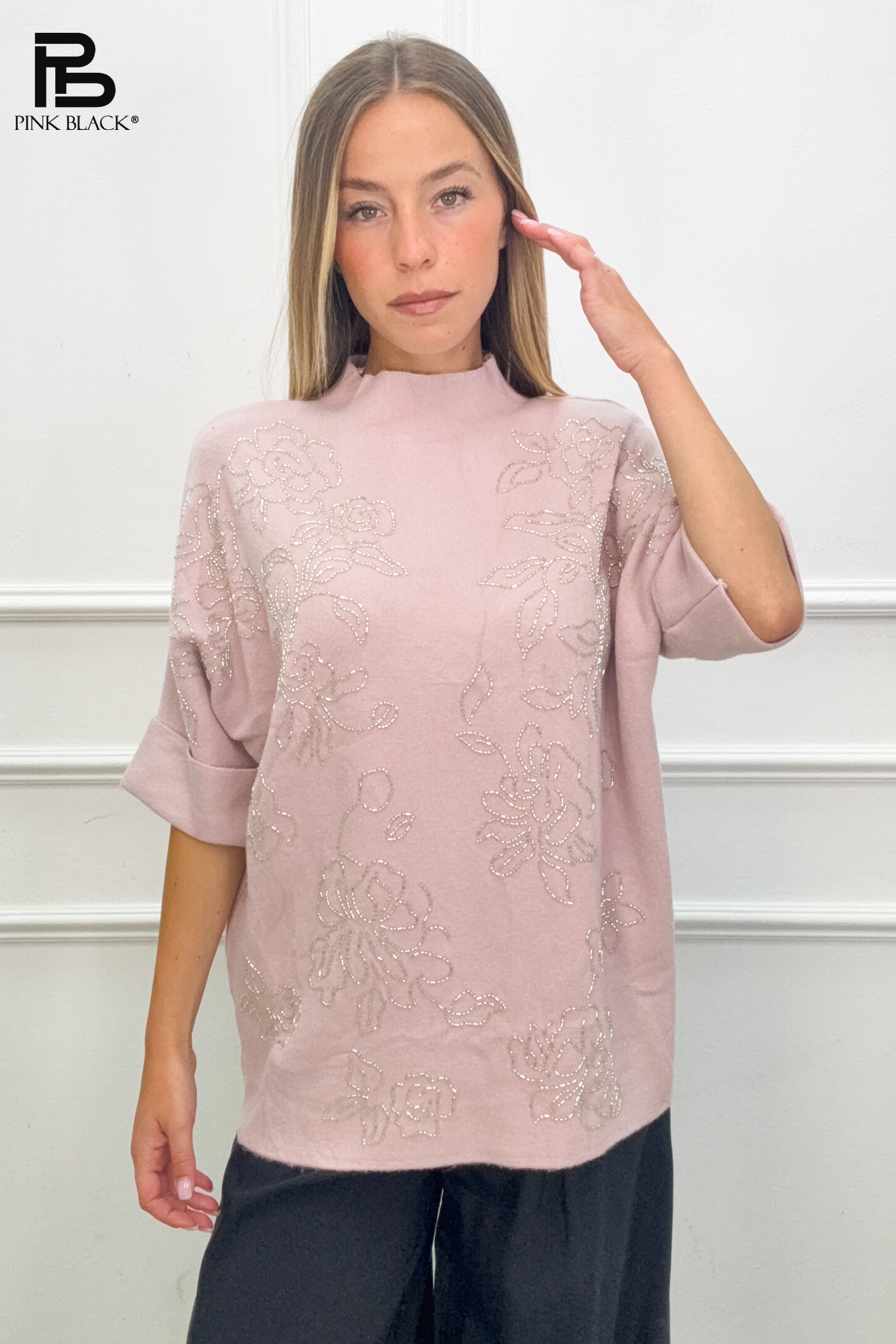 Relaxed Half-Turtleneck Sweater with Floral Motif