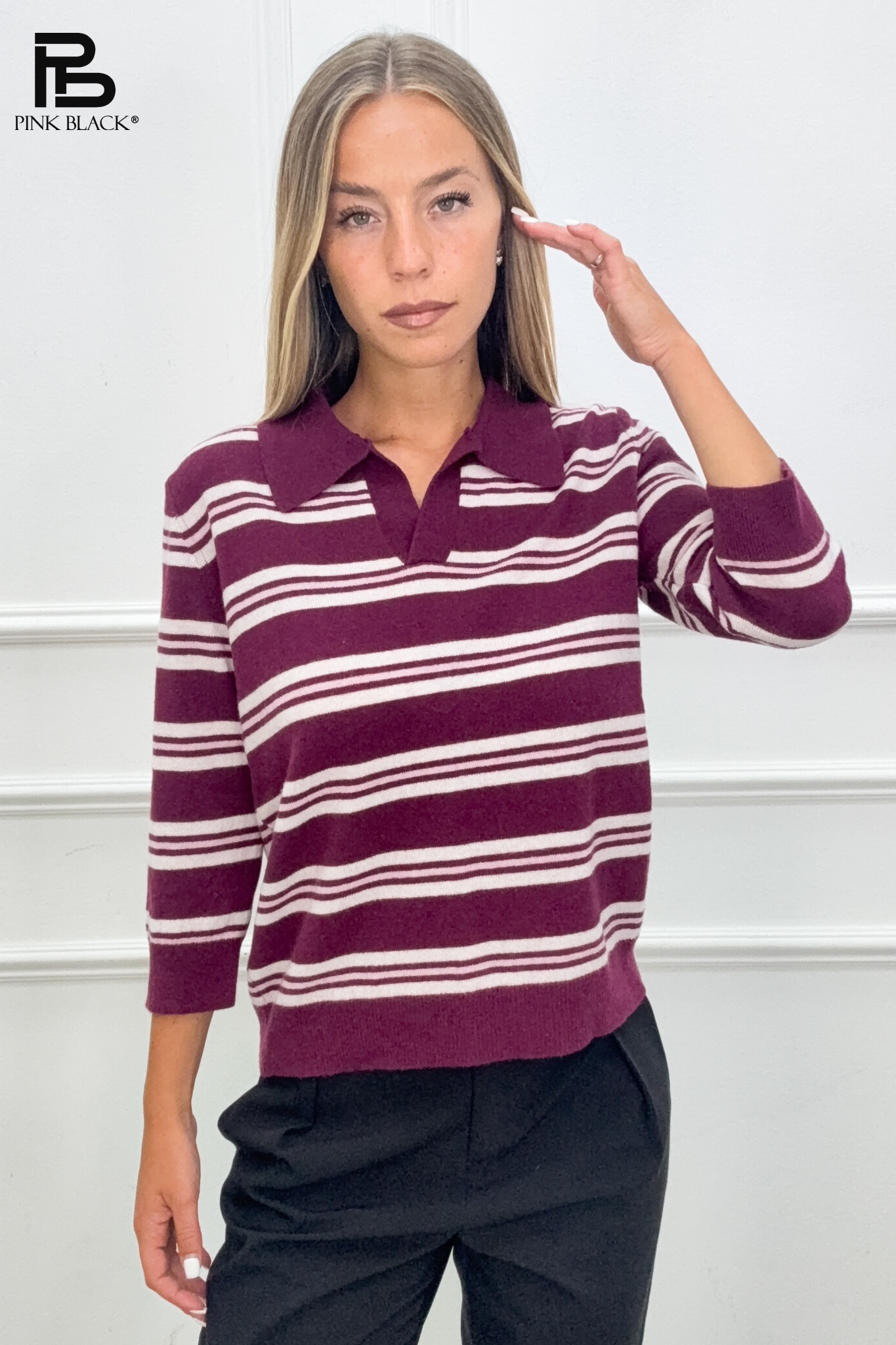 Striped Polo Sweater with V-Neck