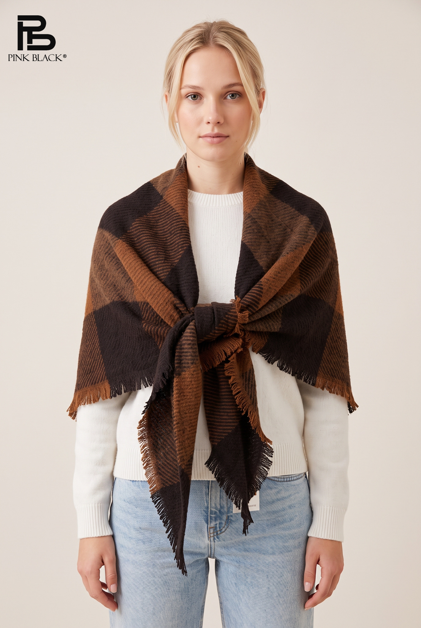Oversized Check Scarf with Fringes