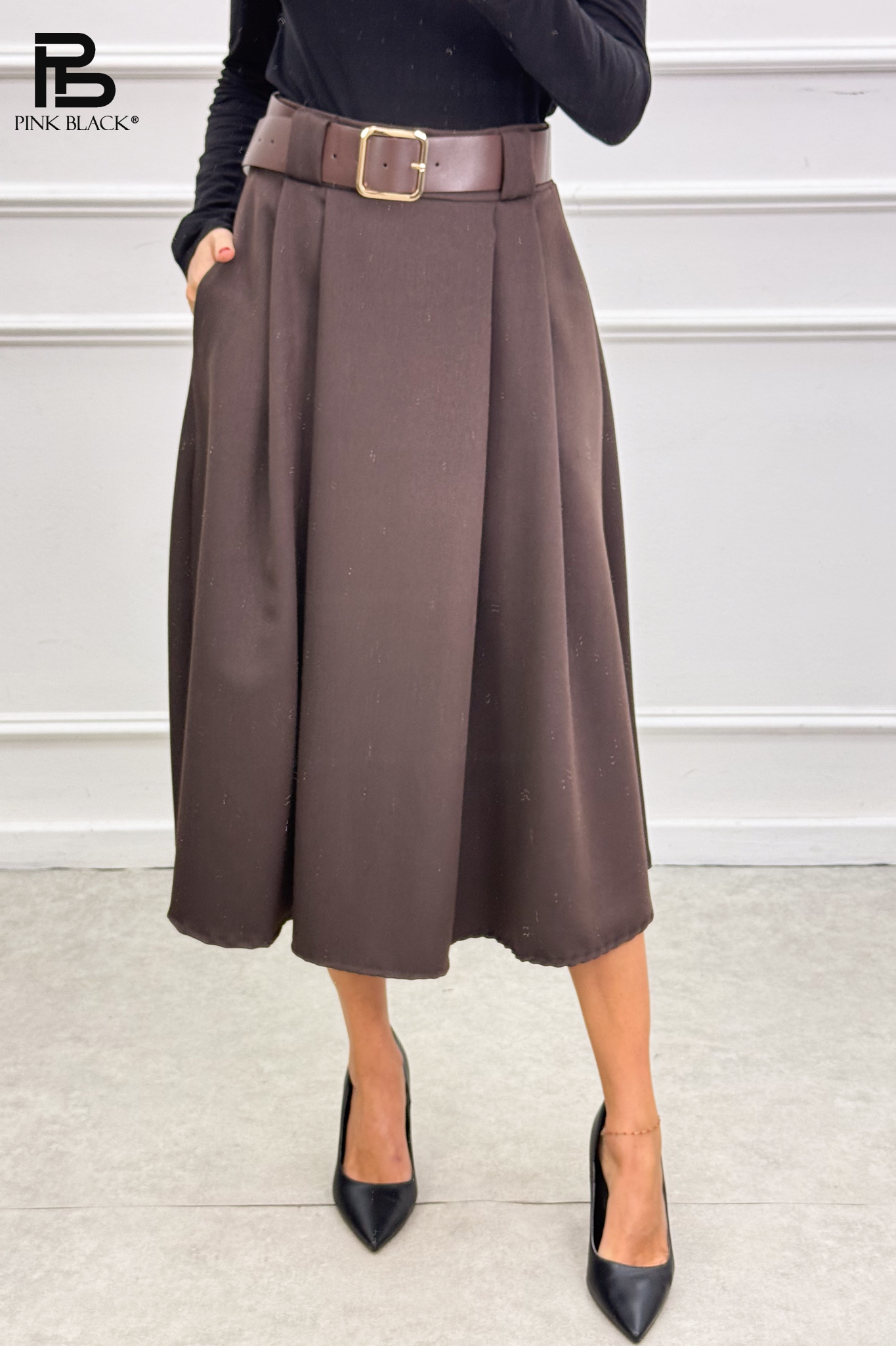 Pleated Flared Midi Skirt