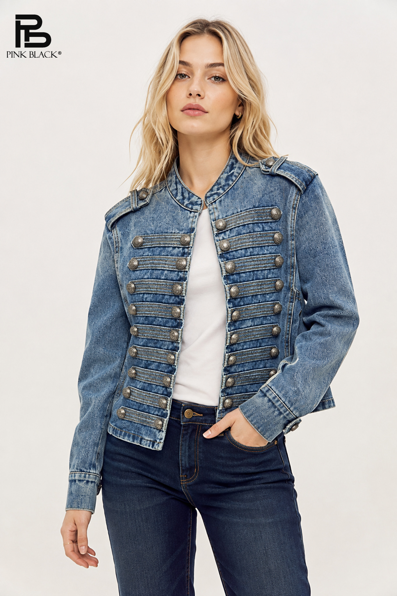 Denim Jacket with Stand Collar — Regular Fit