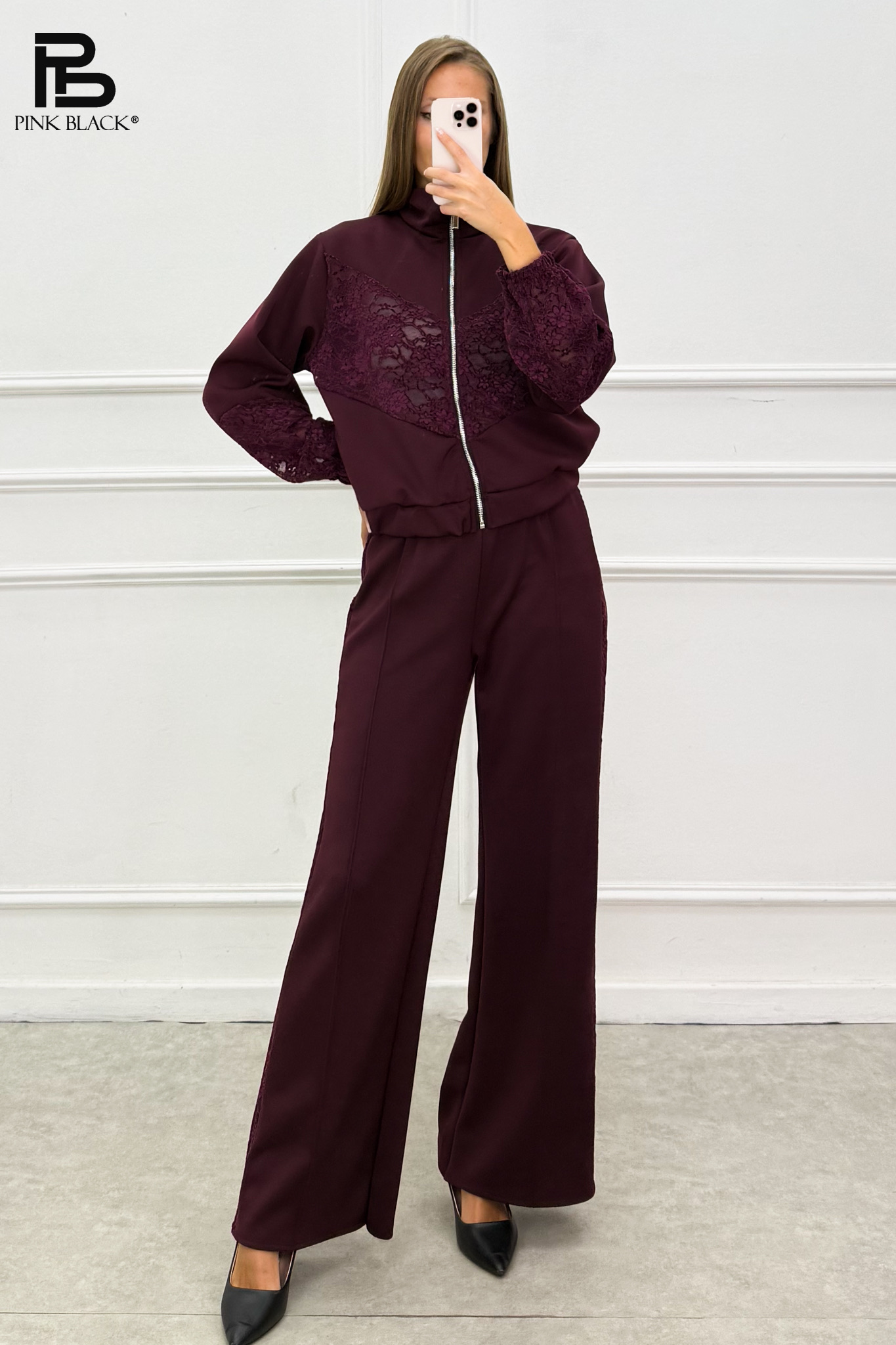 Lace-Trim Polo-Neck Set