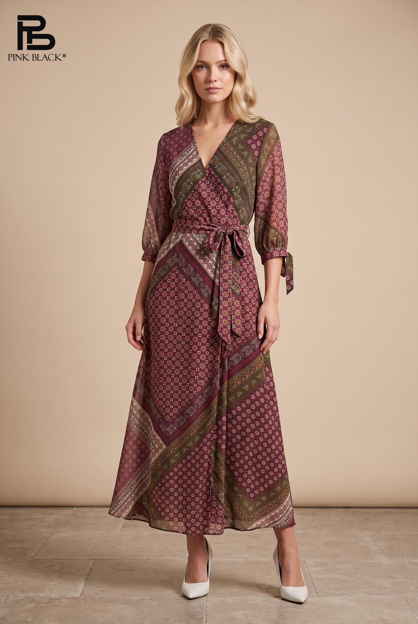 Wrap Midi Dress with Waist Tie