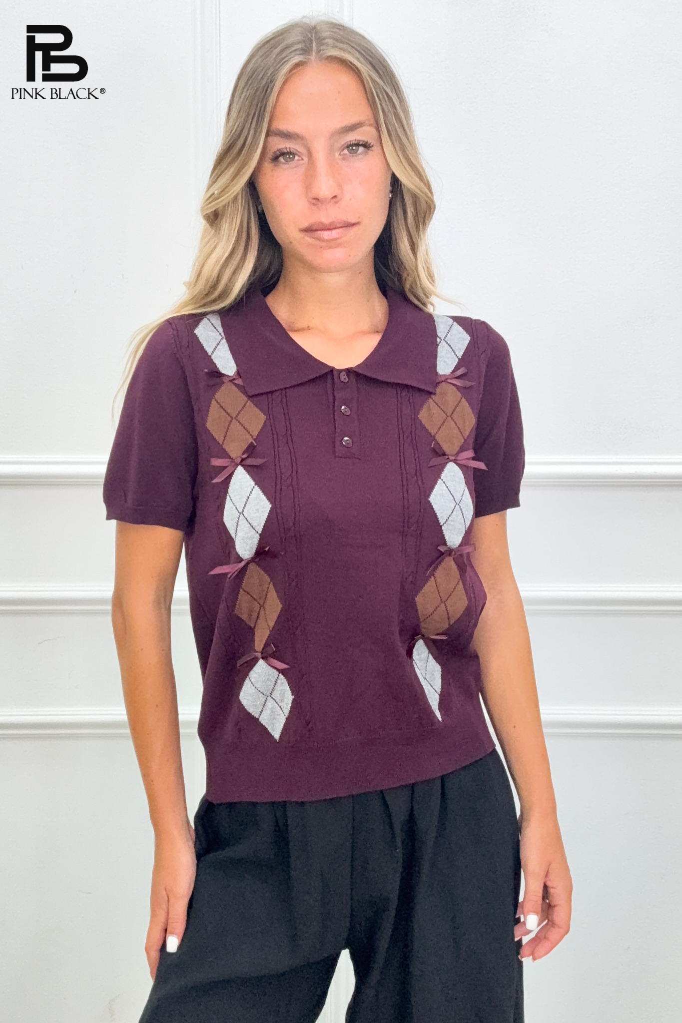 Cropped Argyle Polo Sweater