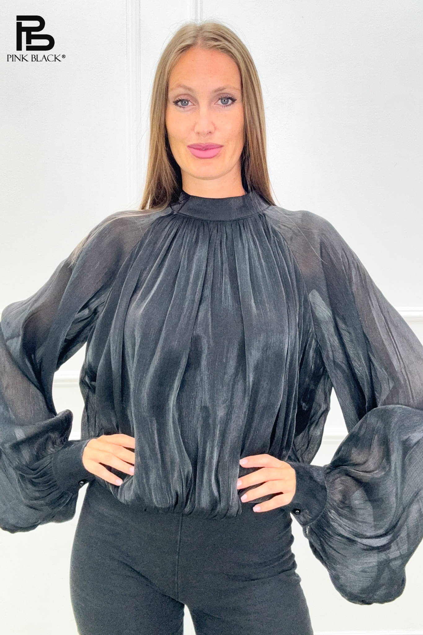Pleated Mock-Neck Blouse