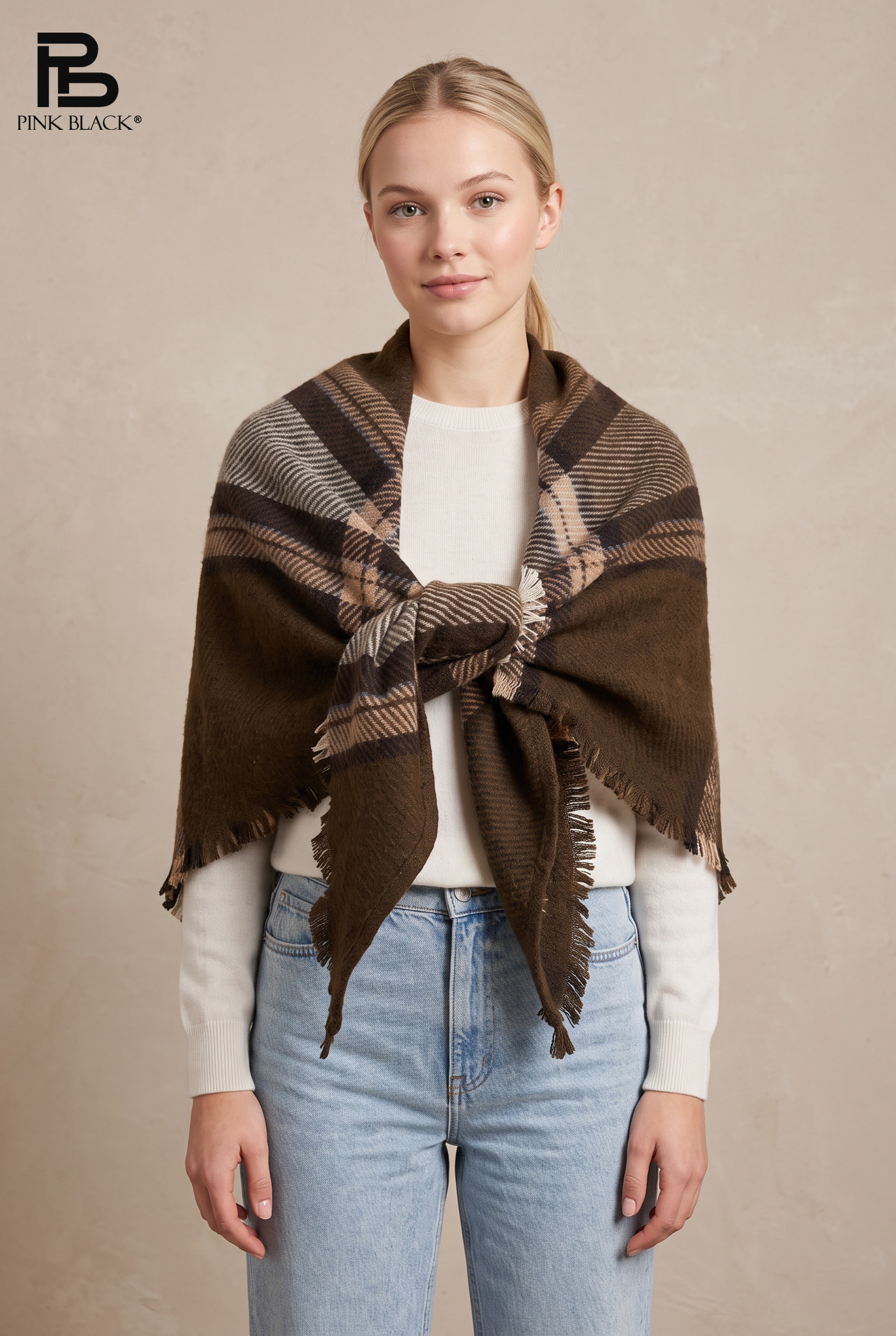 Oversized Checked Scarf with Fringes