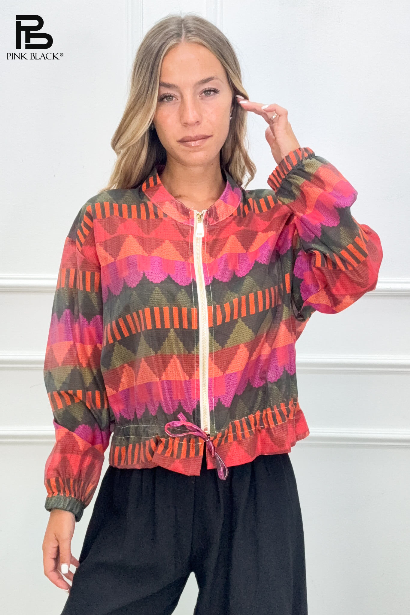 Relaxed Bomber Jacket with Geometric Print