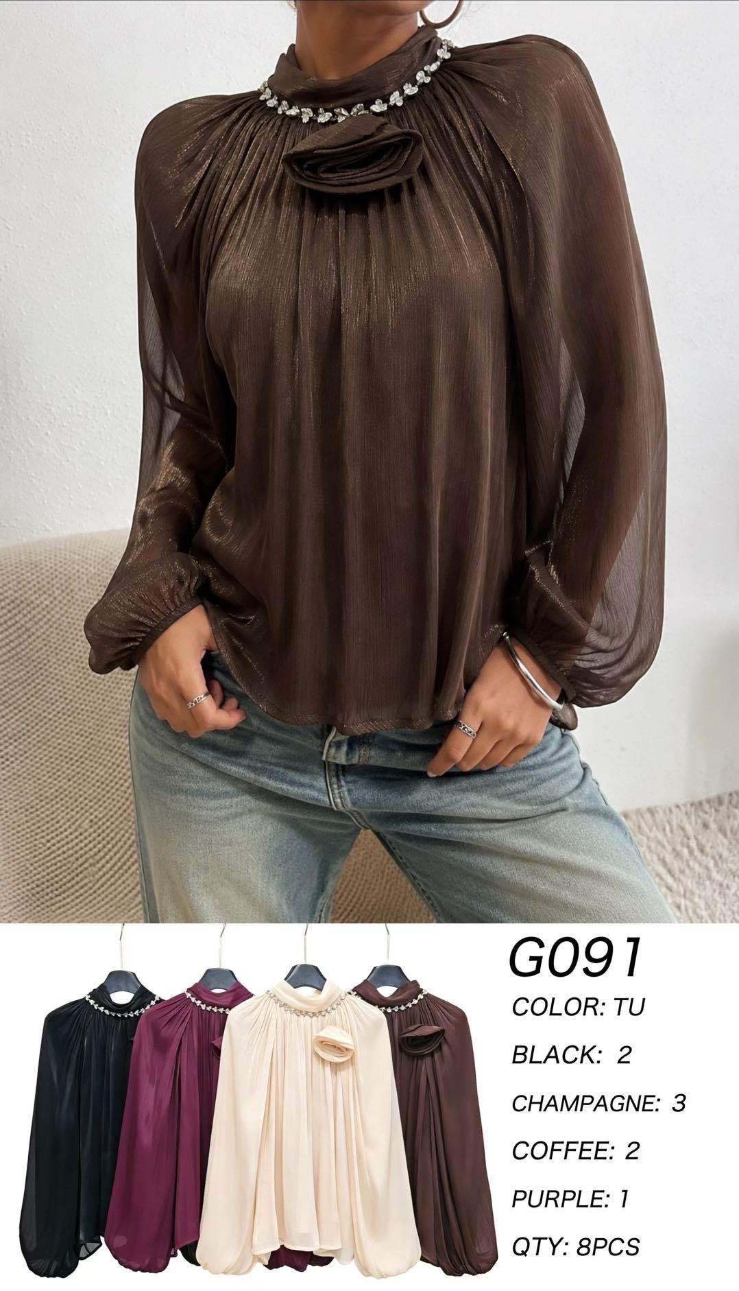 Pleated Mock-Neck Loose Blouse