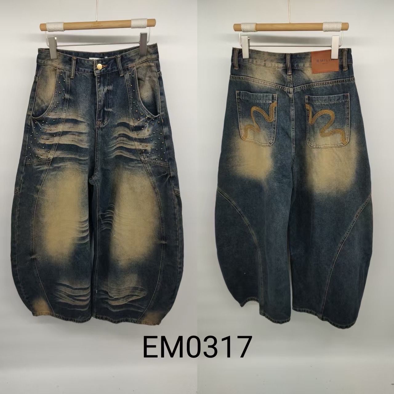 Wide Balloon Jeans with Stud Details