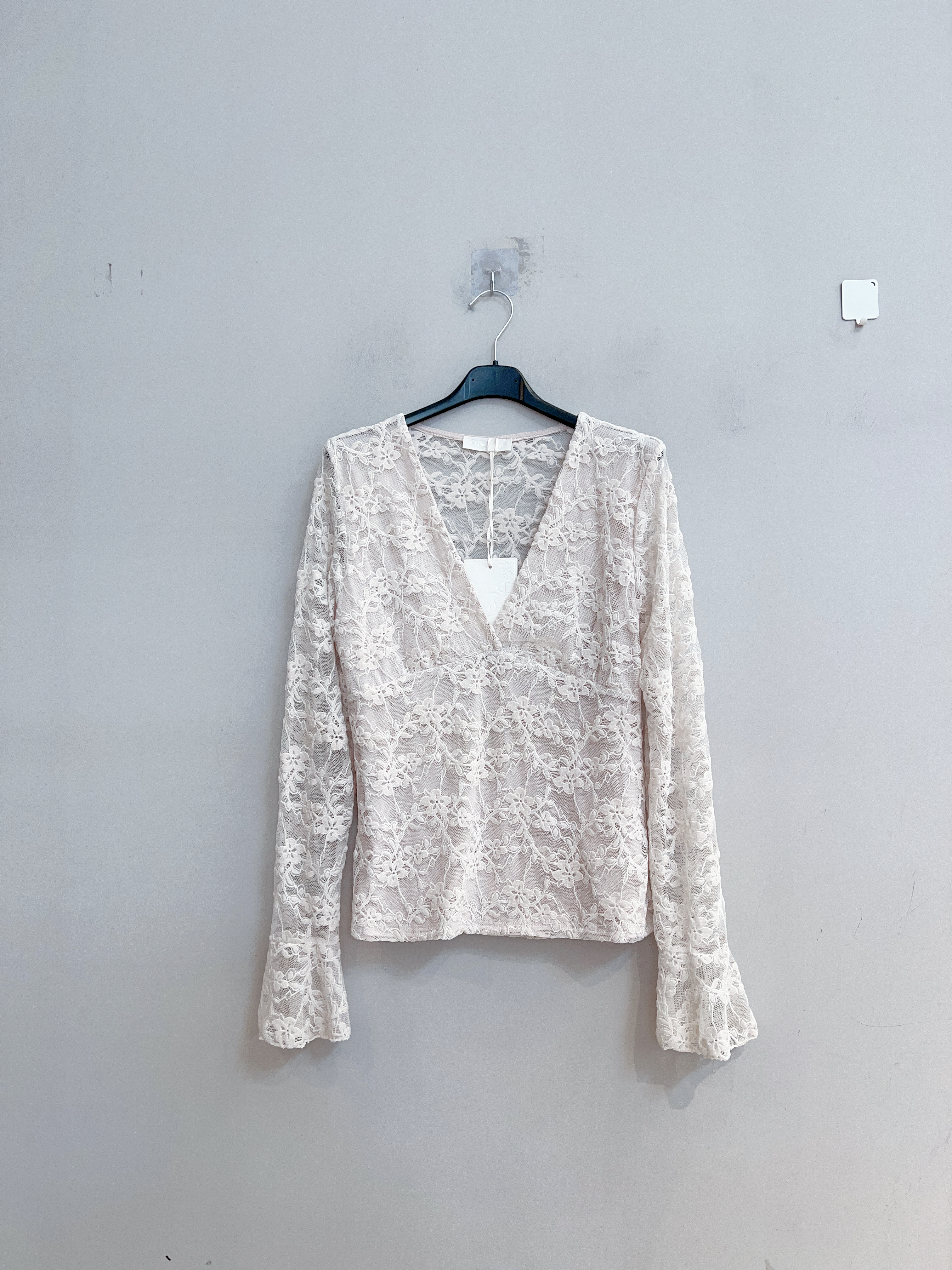 Lace V-Neck Blouse with Long Bell Sleeves