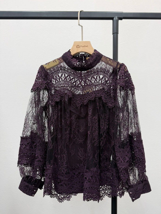 Bishop-Sleeve Lace Top with Mock Turtleneck