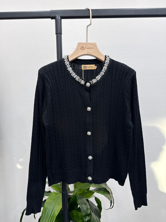 Cardigan with Jeweled Neckline