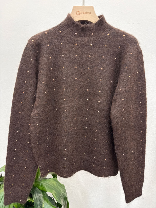 Fuzzy Half-Turtleneck Sweater with Studs