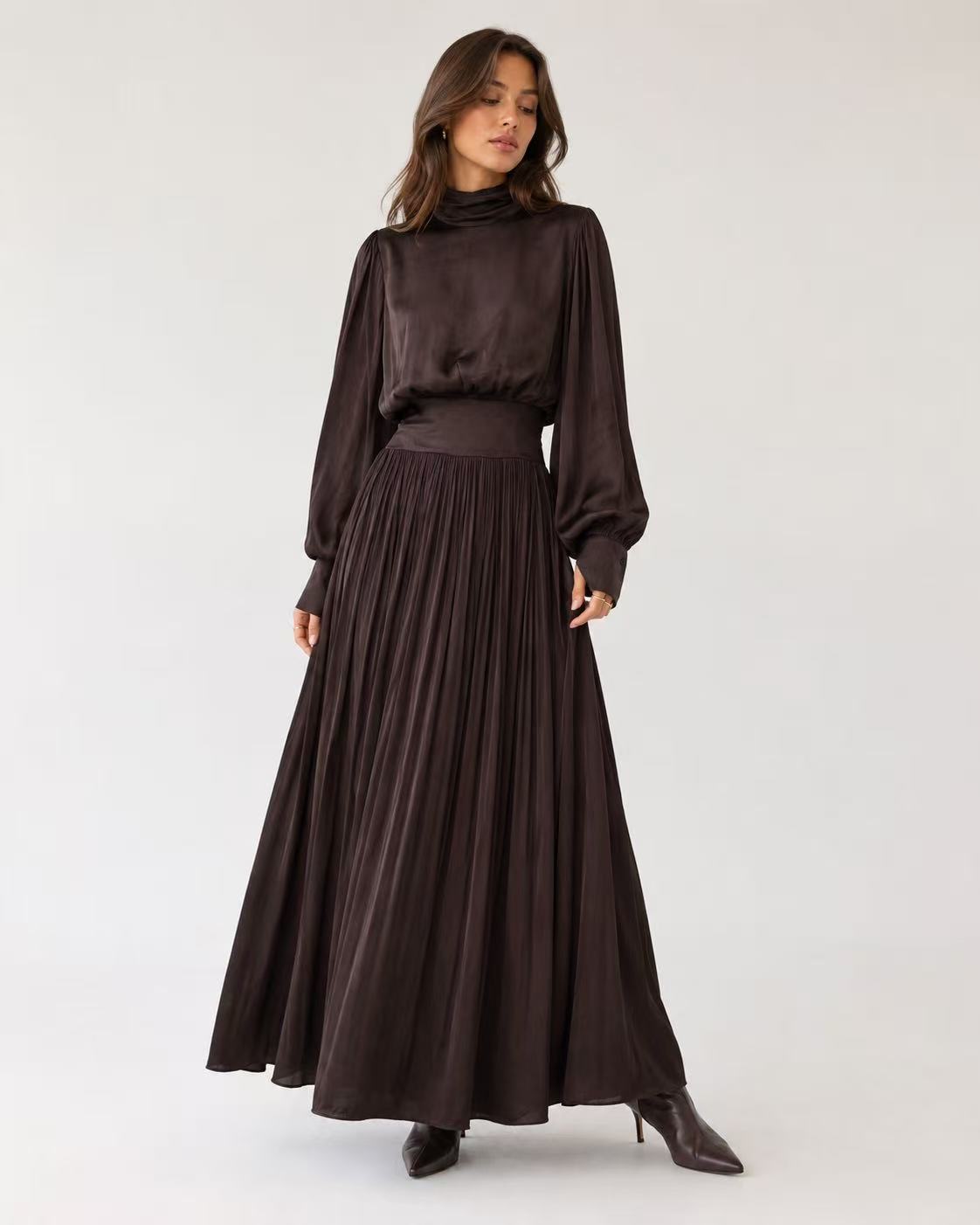 Pleated Maxi Turtleneck Dress