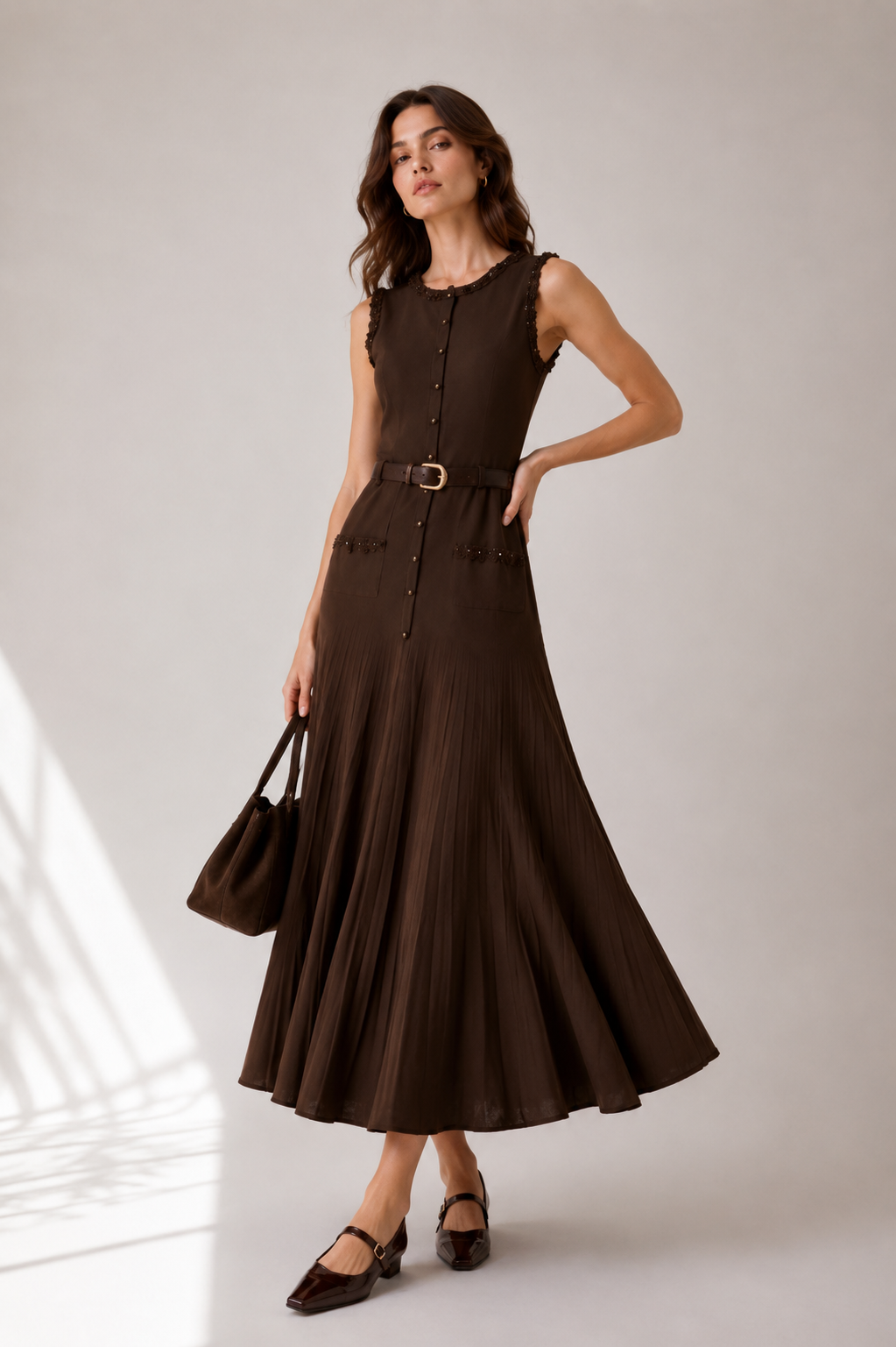 Midi A-Line Dress with Belt