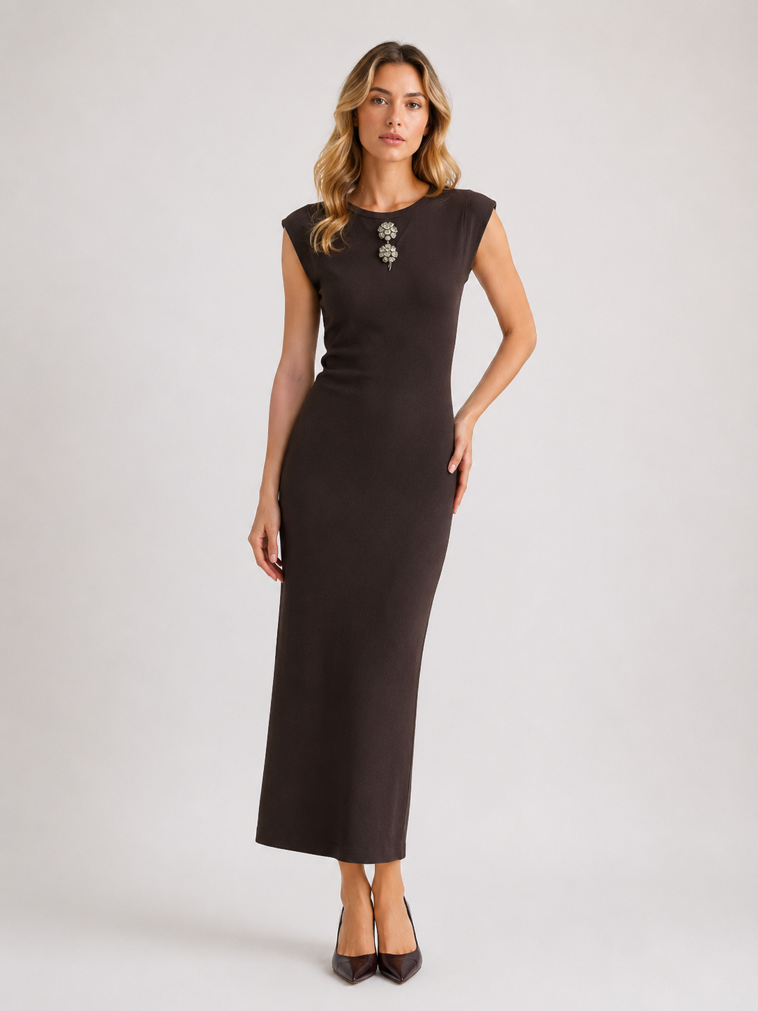 Fitted Maxi Dress with Neck Embellishment