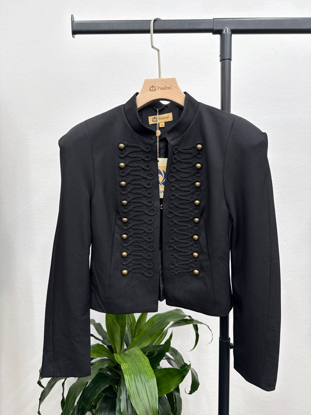 Cropped Tailored Jacket with Stand Collar