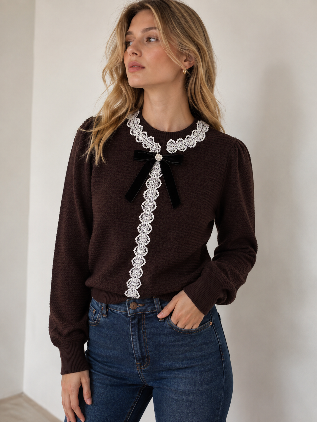 Knit Sweater with Lace and Bow