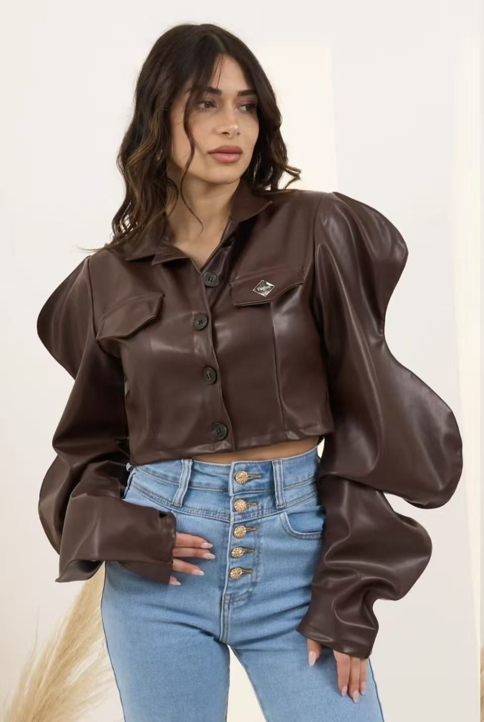 Cropped Jacket with Puffed Sleeves