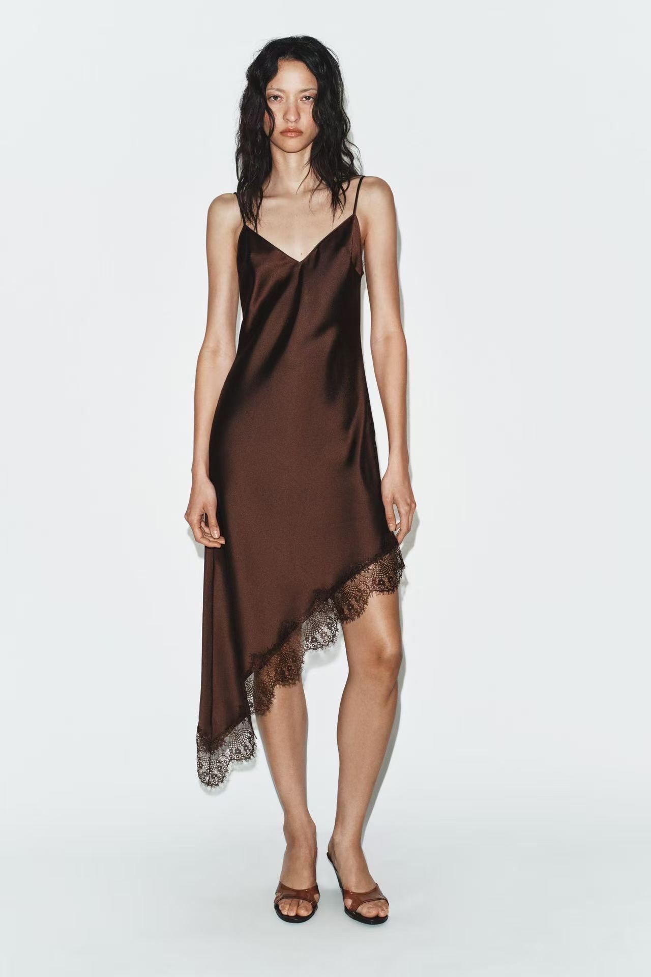 Satin Midi Slip Dress with Lace