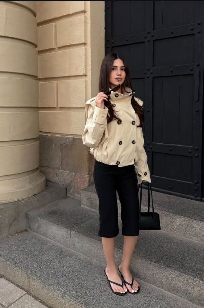 Cropped Trench Jacket with Stand Collar