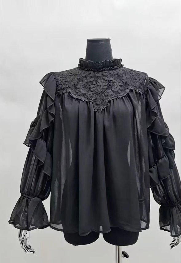 High-neck Blouse with Ruffles