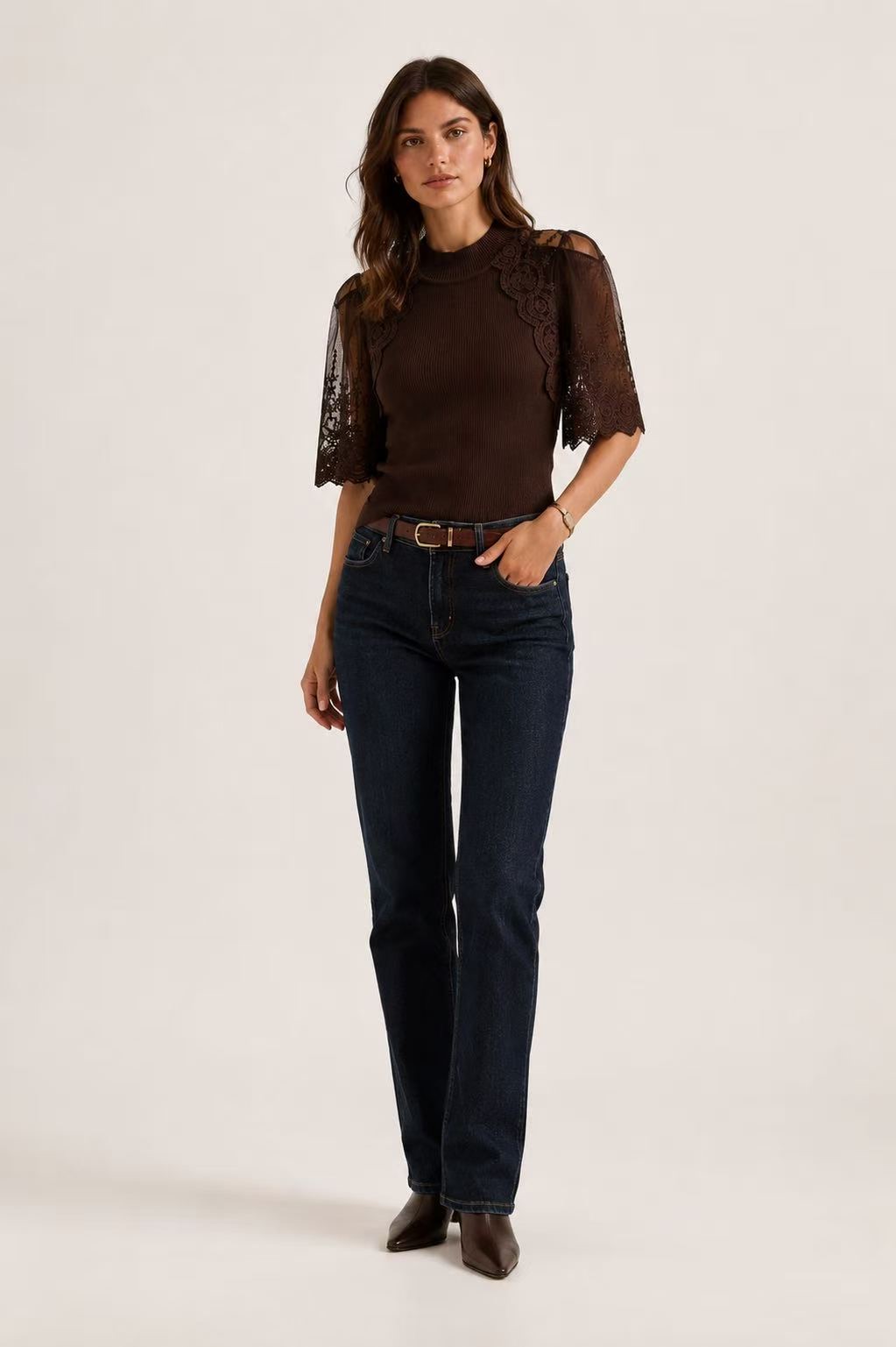 Fitted Half-Turtleneck with Lace Sleeves