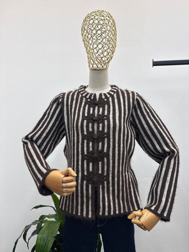Vertical Stripe Hook-Closure Cardigan