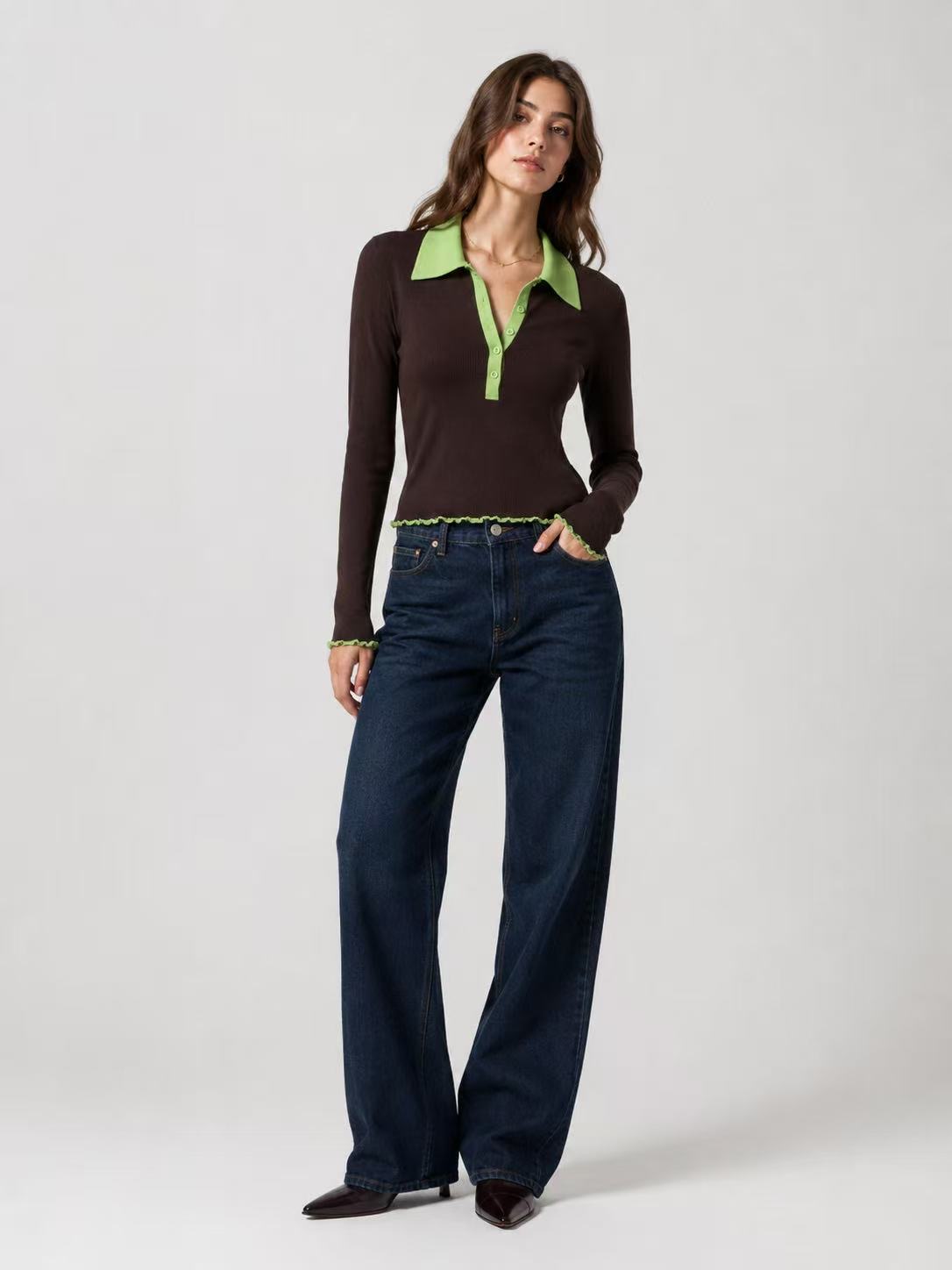 Fitted Polo Top with Ruffle