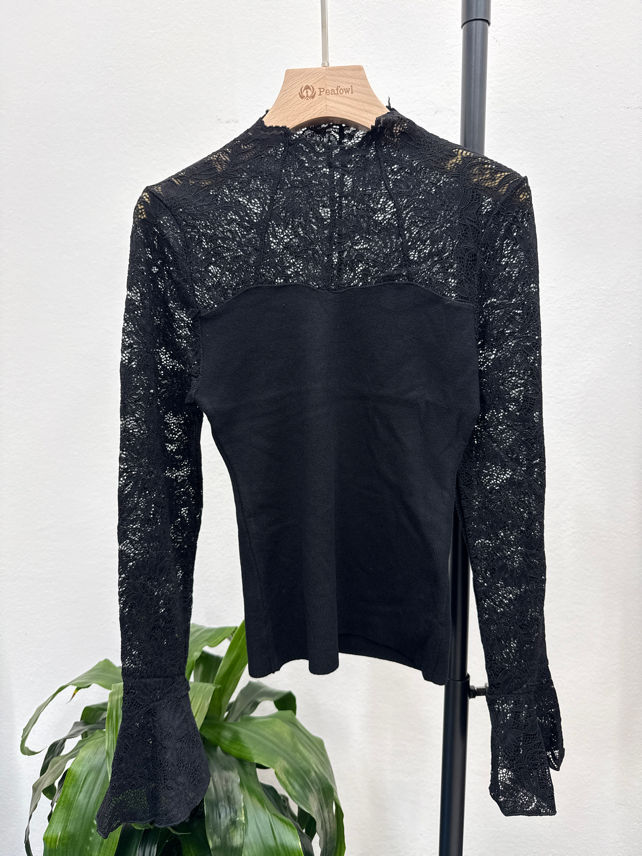 Lace Mock-Neck Top, Long Sleeve