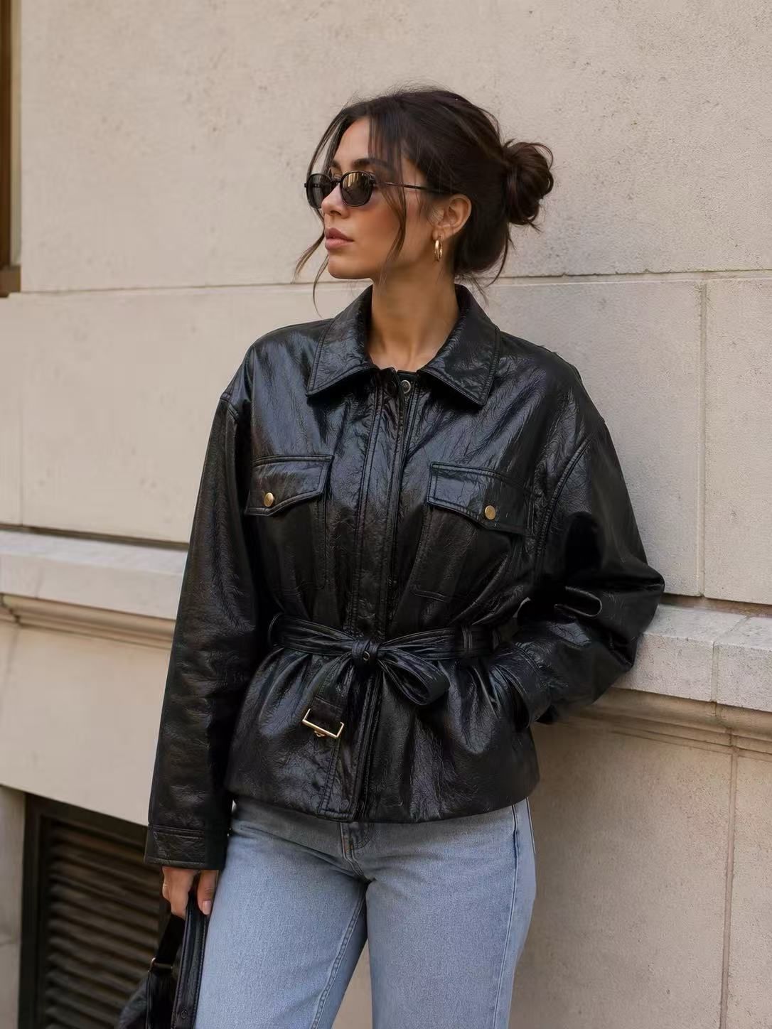 Faux-Leather Belted Jacket