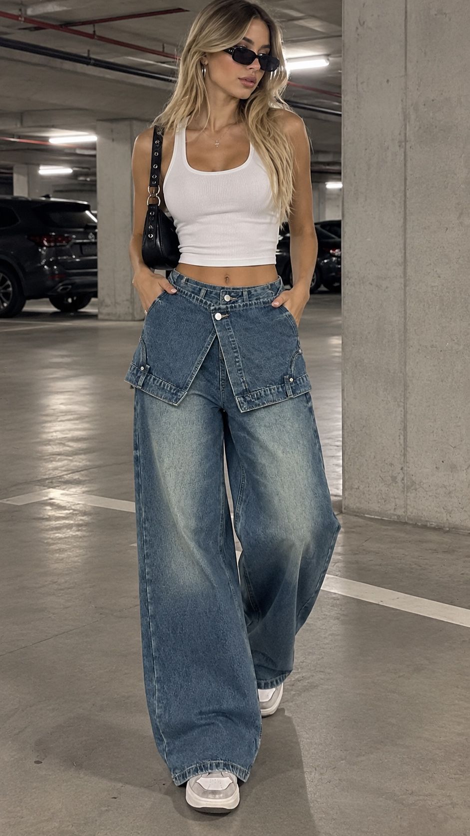Wide‑Leg Trousers with Decorative Waist Flap