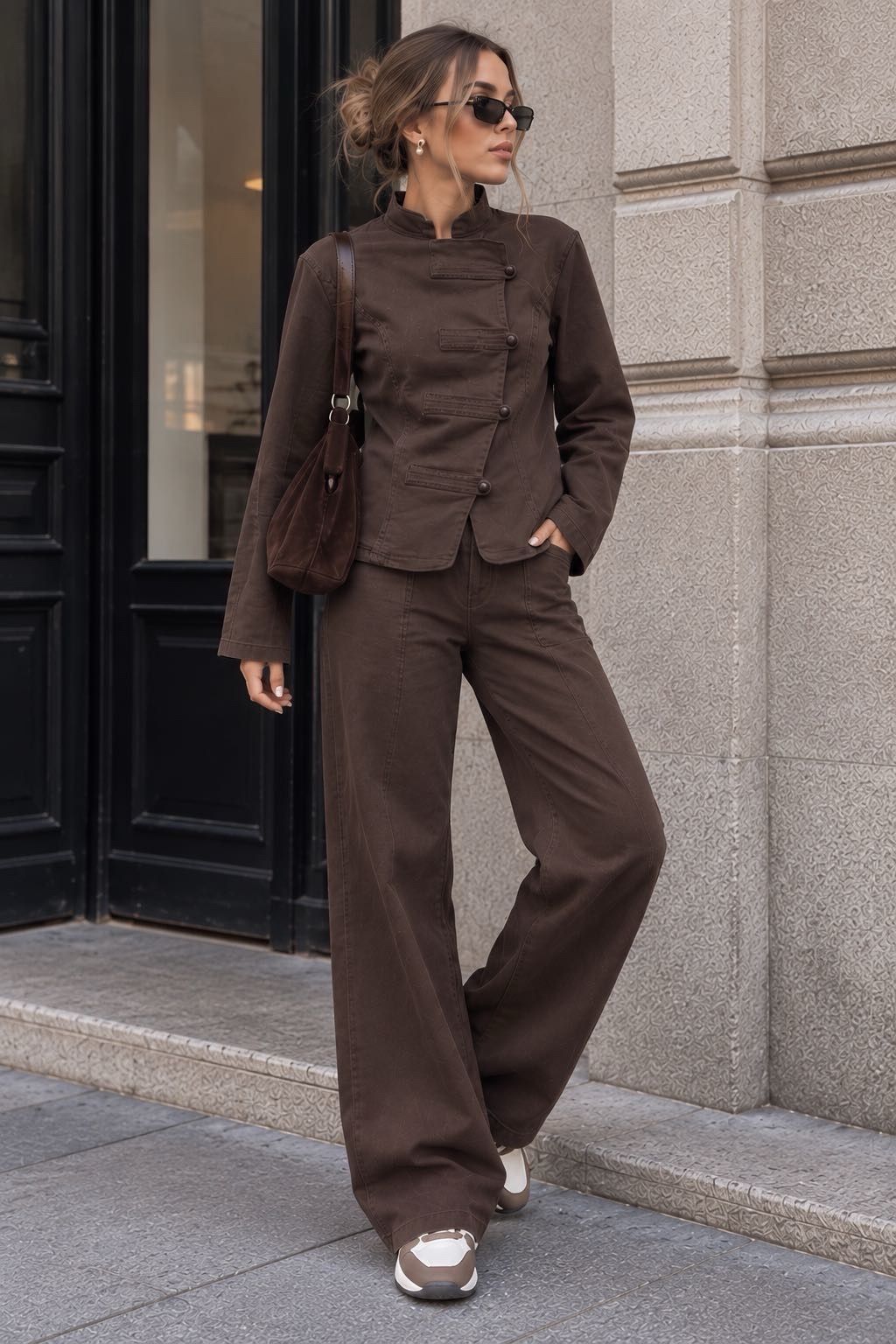 Denim-Effect Jacket & Wide-Leg Trousers Set