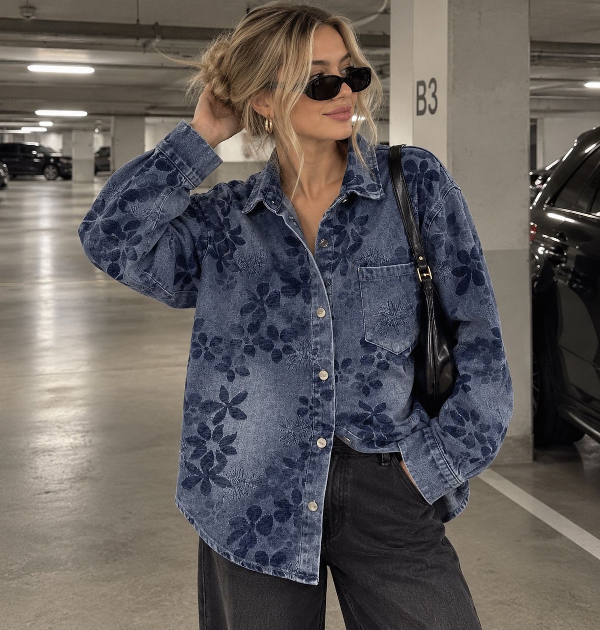 Oversized Floral Denim Shirt