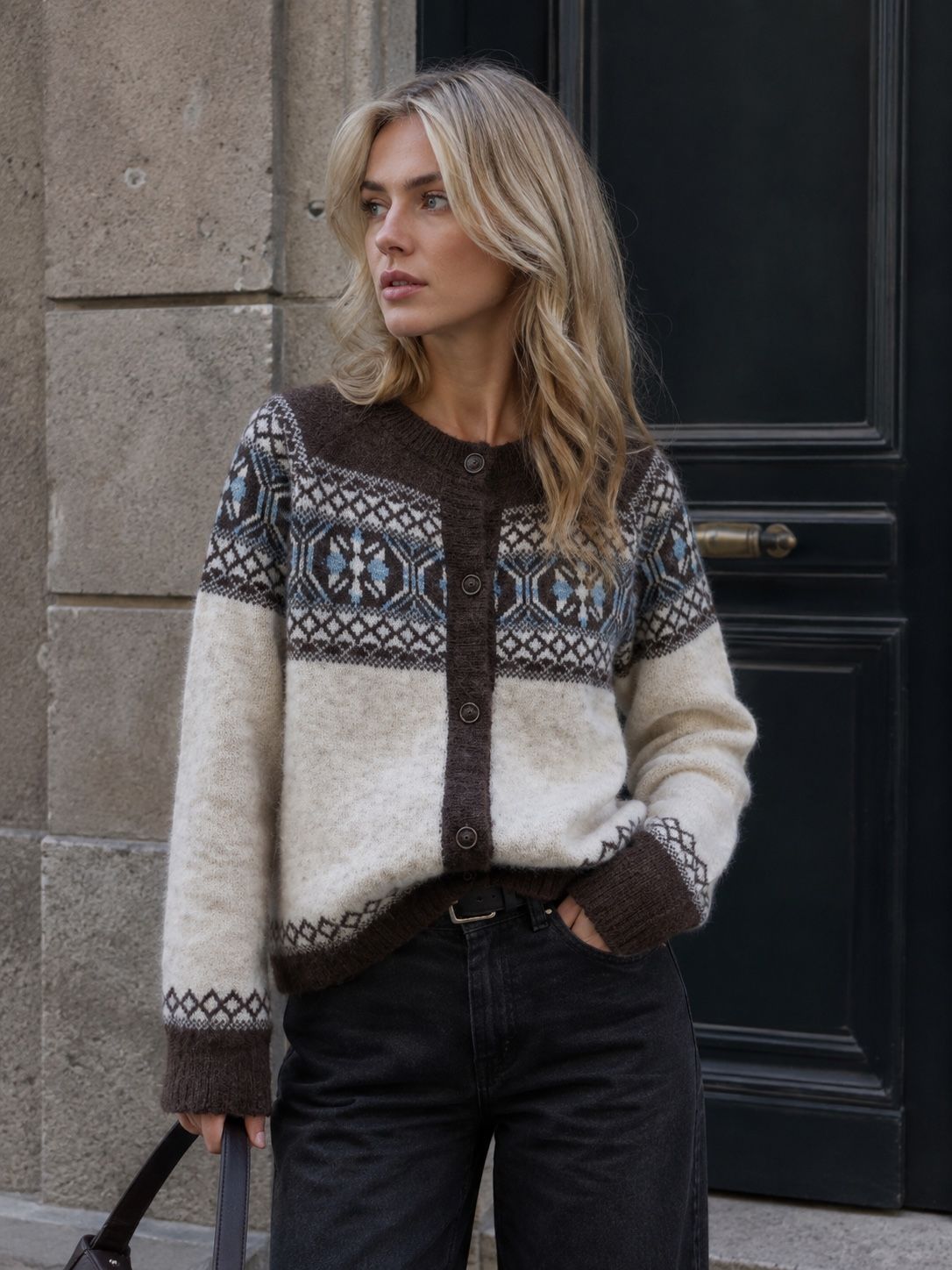 Hip-Length Cardigan with Geometric Pattern