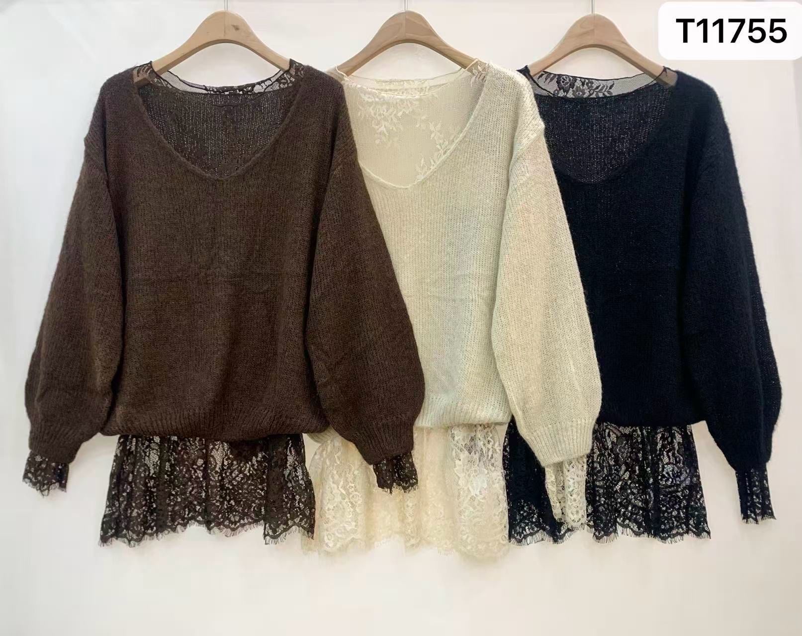 Lace-Trim V‑Neck Sweater