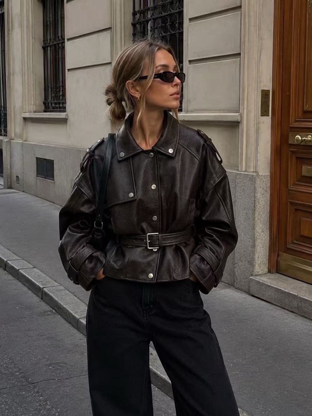 Faux Leather Belted Jacket