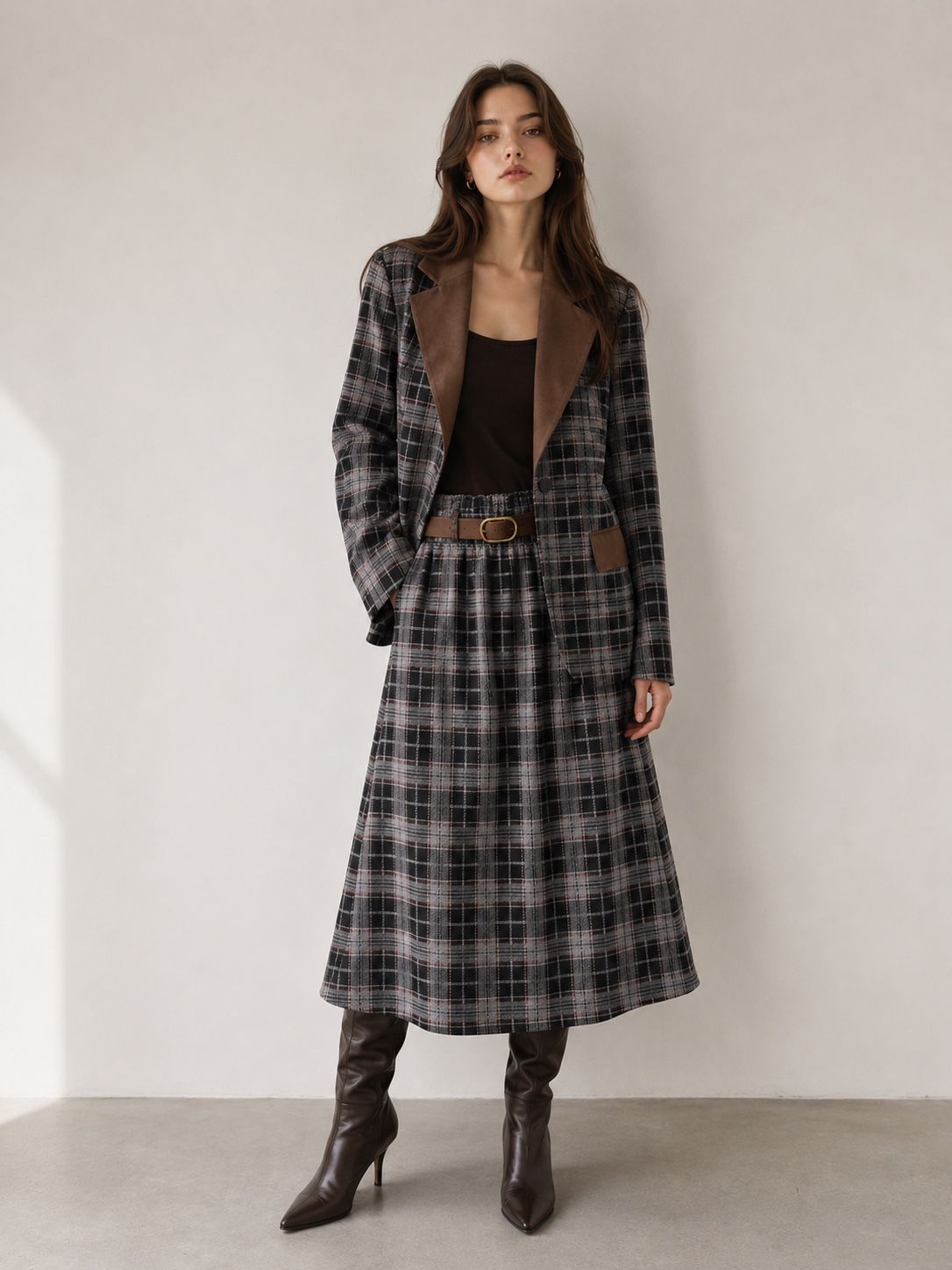 Midi A-Line Check Skirt