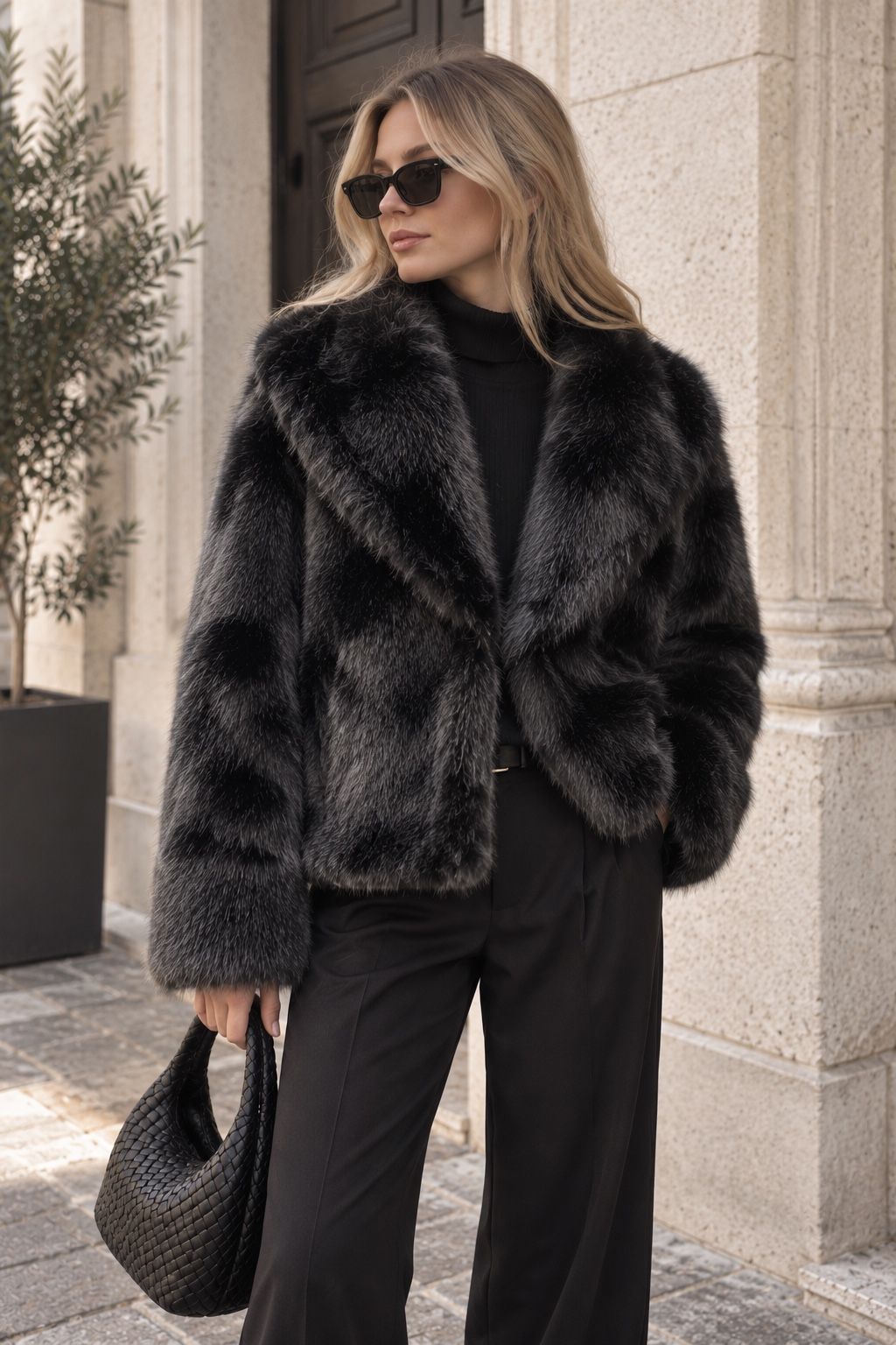 Short Jacket with Faux Fur Collar