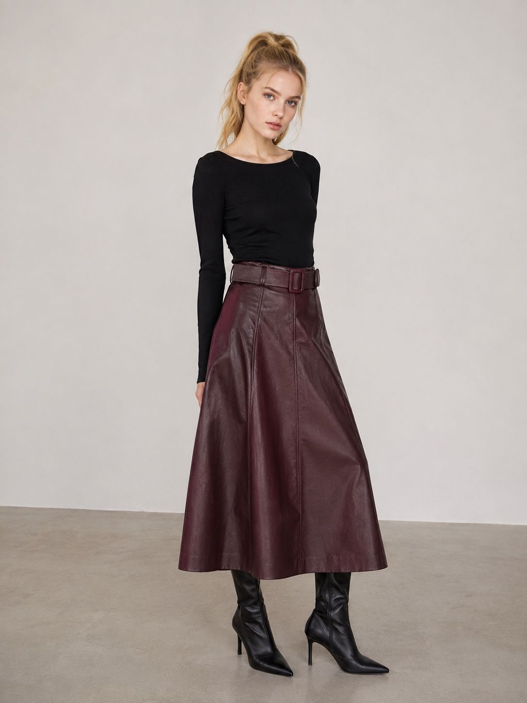 A-line Midi Skirt with Waist Belt