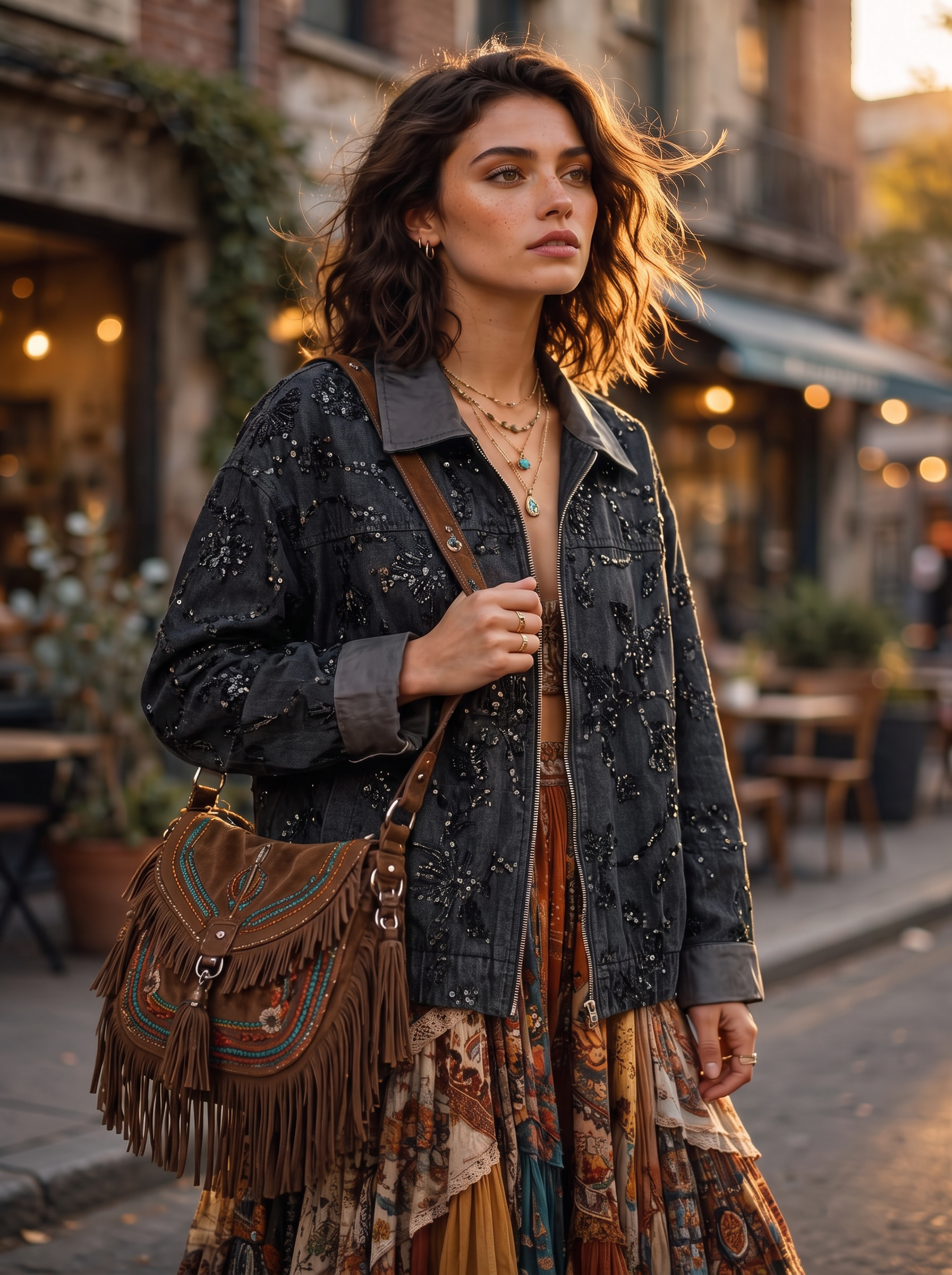 Floral Denim Jacket with Shirt Collar